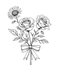 dainty, fine line, and extremely simple and small bouquet of four flowers with a bow. two roses, one aster, and one Chry tattoo design idea