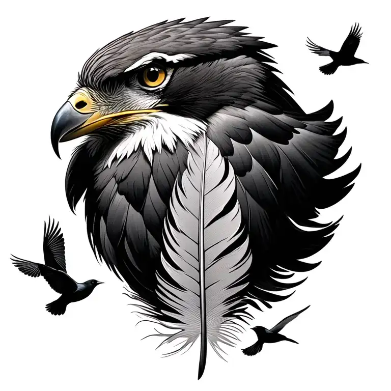 Red Tailed Hawk feather with 3 little birds flying tattoo design idea