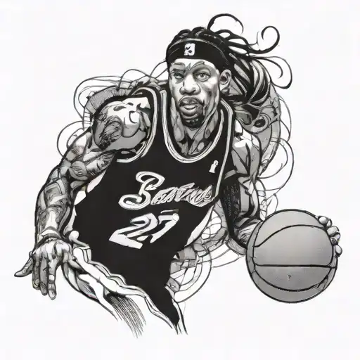 A portrait of Allen Iverson dribbling a basketball with a fierce expression tattoo design idea