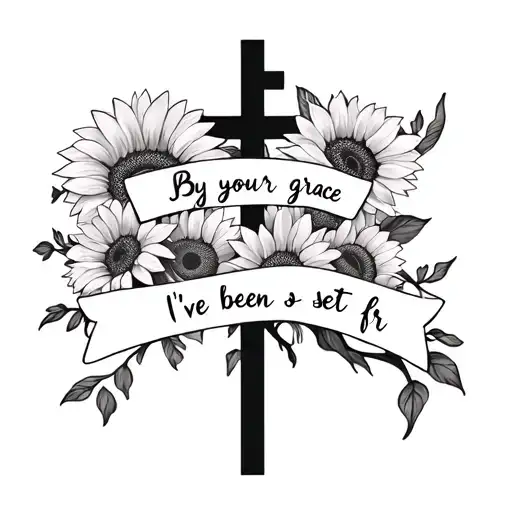 "By your grace I’ve been set fr" feminine and dainty cross with sunflowers  tattoo design idea