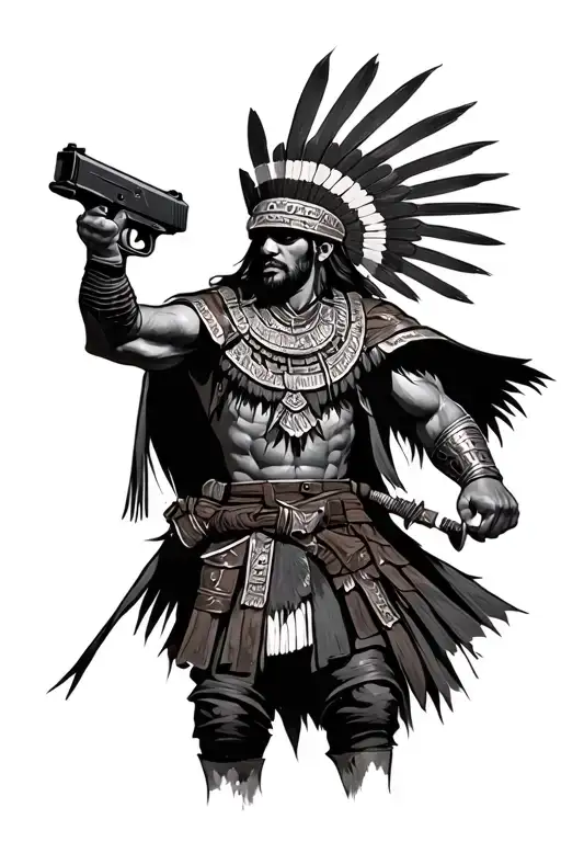 dark incan warrior wielding a glock tattoo design idea