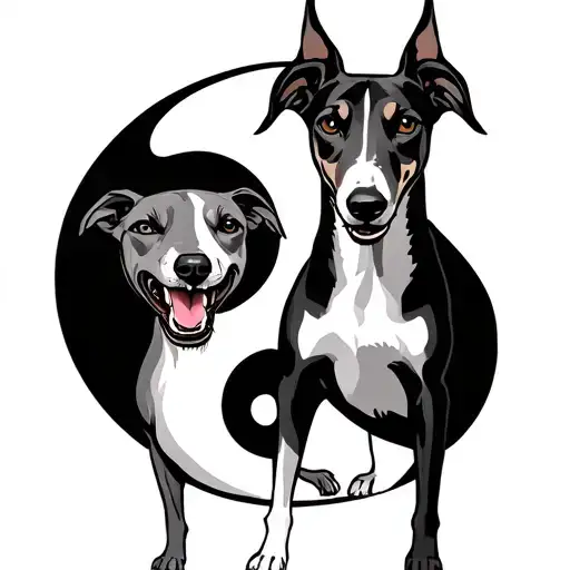 two whippets in ying and yang sign (one angry with teeths visible second calm and lovely) make them standing on paws wit tattoo design idea