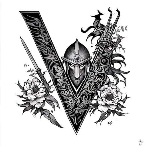 V shaped tattoo with Japanese styles and spartan warrior influences, not too much detailing  tattoo design idea