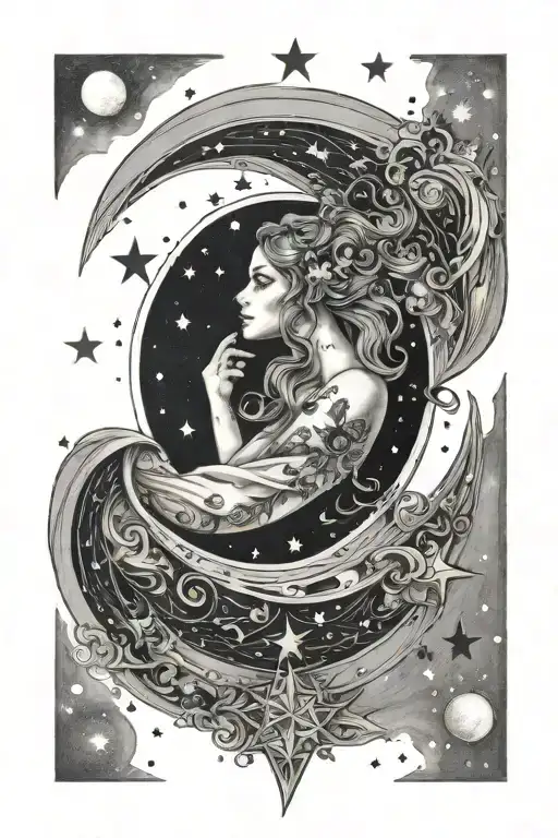 Nyx moon surrounded by stars tattoo design idea