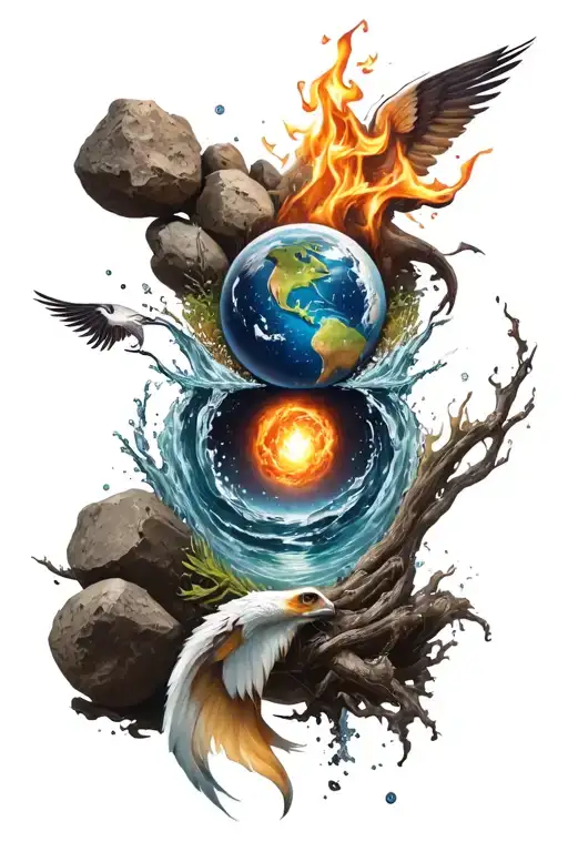 A unique design combining the four elements (earth, water, fire, air) into a cohesive and balanced composition tattoo design idea
