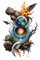 A unique design combining the four elements (earth, water, fire, air) into a cohesive and balanced composition tattoo design idea