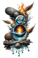 A unique design combining the four elements (earth, water, fire, air) into a cohesive and balanced composition tattoo design idea