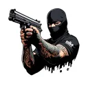 risk taker text, guy in balaclava holding gun tattoo design idea