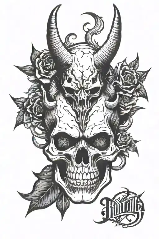 skull and devil horns heavy metal tattoo design idea