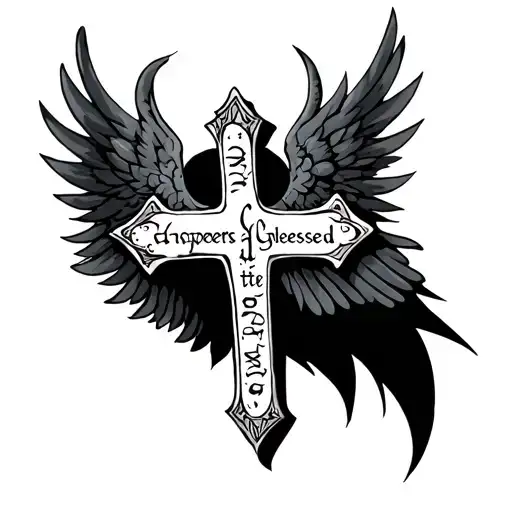 cross with  mirages and wings and blessed text  tattoo design idea
