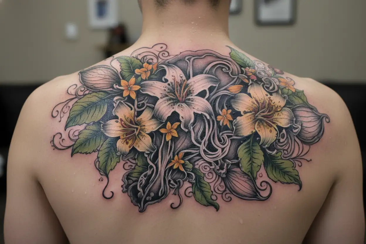 jamaica map with jelly fish and hibicus flowers growing tattoo design idea