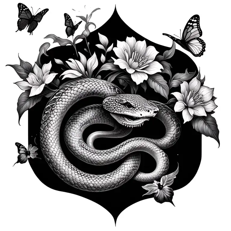 smoke looking design of a snake and flowers and butterflies for a spine tattoo tattoo design idea
