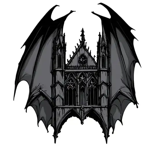 gothic bat above gothic cathedral building  tattoo design idea