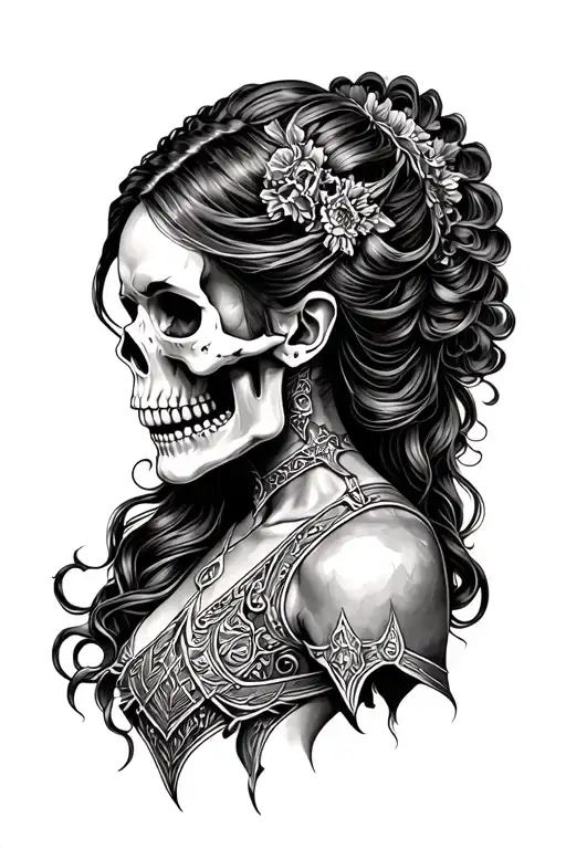 skull death knights standing side profile traditional lady head tattoo design idea