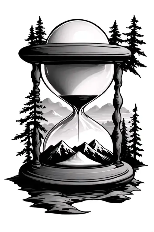 hourglass with sun mountain and trees tattoo design idea