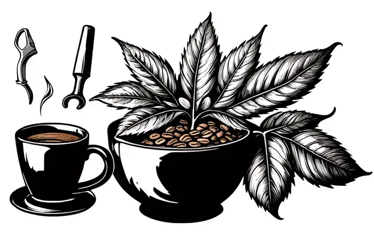 Incorporate a detailed coffee plant intertwined with woodworking tools tattoo design idea
