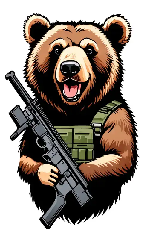 Grizzly bear wearing military vest holding assault rifle tattoo design idea