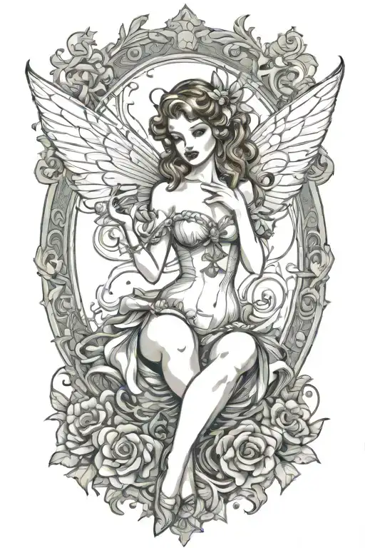 pinup fairy modern holding deck of cards tattoo design idea