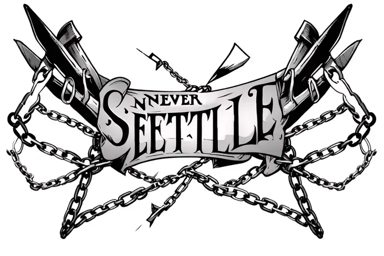 Create me tattoo in collarbone with chains coming from shoulder and breaking in between in centre I need "NEVER SETTLE F tattoo design idea