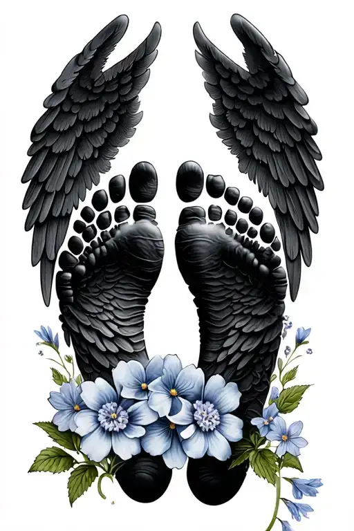 baby footprint, angel wings,forget me not flower intertwined tattoo design idea