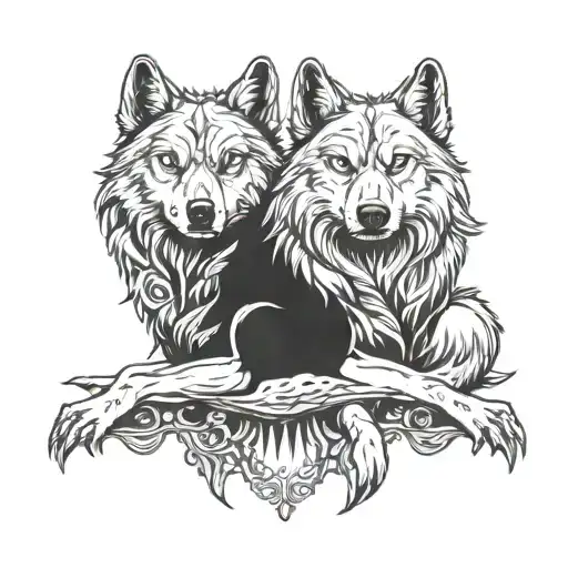 two wolves siting eatchother tattoo design idea