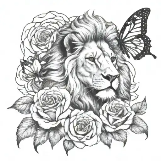 lion and roses and fire and butterflies tattoo design idea