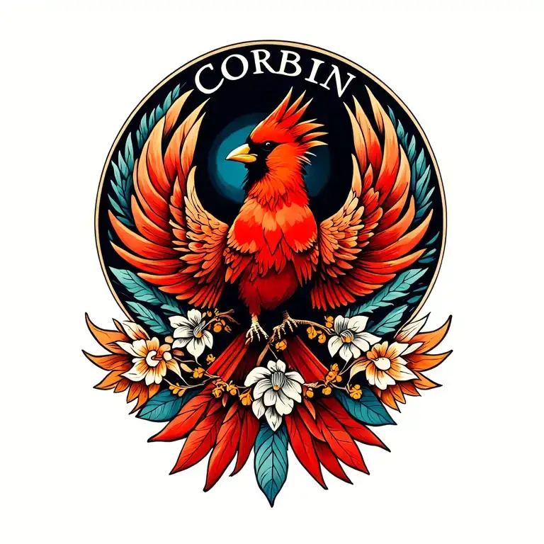 Phoenix, red cardinal, cancer, recovery from addiction, the name Corbin tattoo design idea