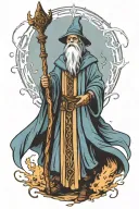 medieval wizard with large staff casting a spell skyward tattoo design idea