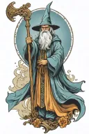 medieval wizard with large staff casting a spell skyward tattoo design idea