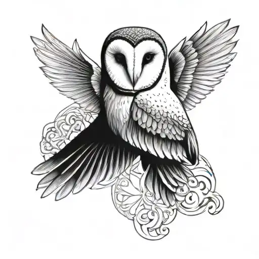barn owl with both wings spread in a patterned background tattoo design idea