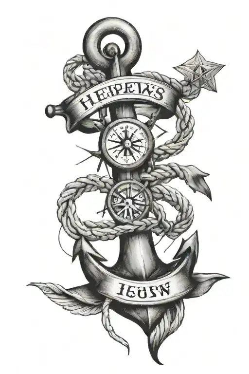 an anchor with a rope flowing, a compass, and the words Hebrews 6:19 tattoo design idea