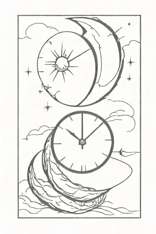 Clock with 12:00 AM as main focus. With the moon, the sun and the earth, with a small capricorn sign tattoo design idea