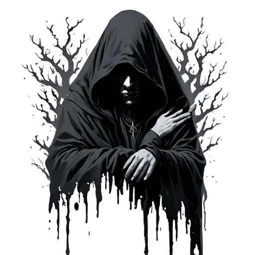 hooded shadow figure. Goth, Santa Madre vibes, expressing loneliness, sadness, torment, depression NUMB TO THE WORLD DET tattoo design idea