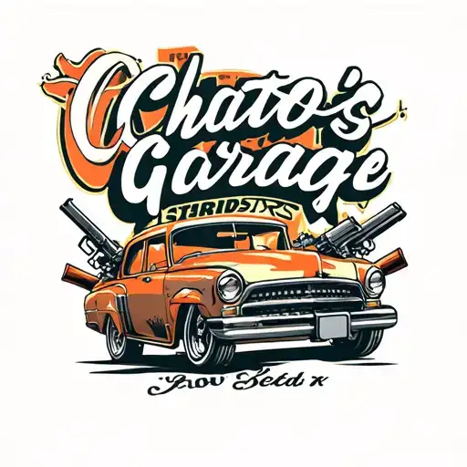 "Chato's Garage " lowrider car with guns mounted on the car Mad Max style tattoo design idea