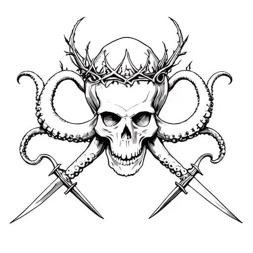 An octopus infused skull wear a thorn crown on a warrior's body with hands holding blades. Make 3D realistic tattoo design idea