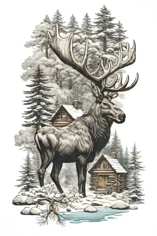 moose, forest, snowflakes, berries, mushroom, deer, cabin, water tattoo design idea