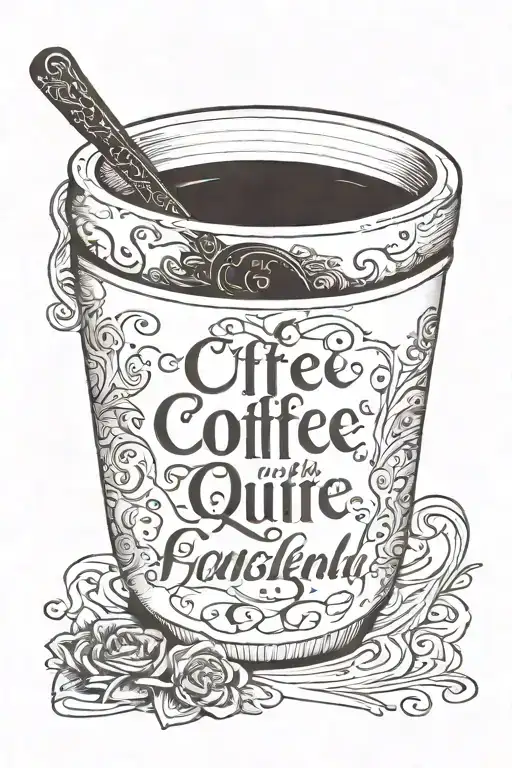 A coffee cup with intricate English calligraphy of a meaningful quote wrapped around it tattoo design idea