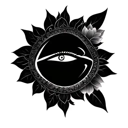 Create a tattoo combination of Goddess nav durga eyes with nose and lips, , trishul, lotus tattoo design idea