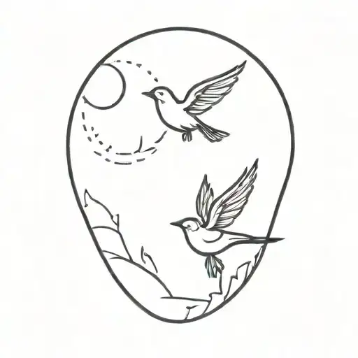 two small birds flying towards a sun, with wispy wind or nature elements throughout tattoo design idea