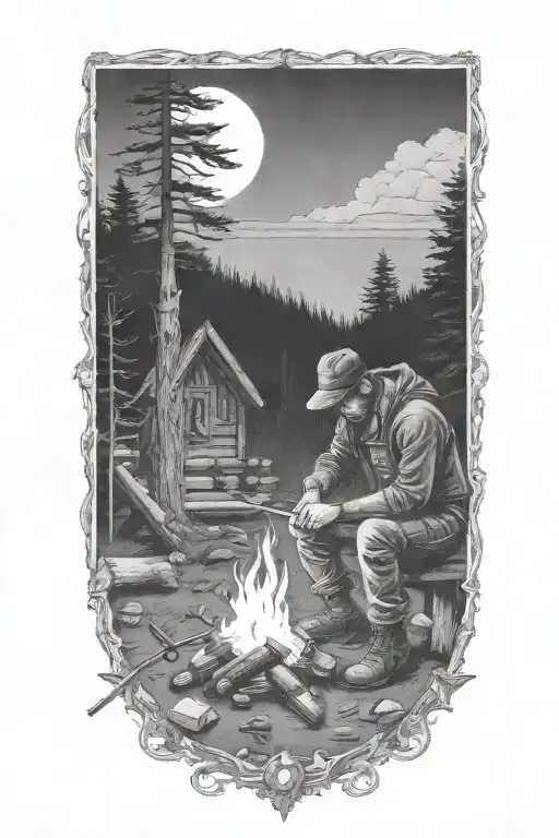 Hunter sharpening knife near a camp fire with his cabin in the background at night  tattoo design idea