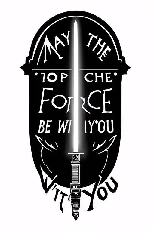 "May the Force Be With You" A minimalist lightsaber design spelling star wars with intricate and simple details surrounding tattoo design idea