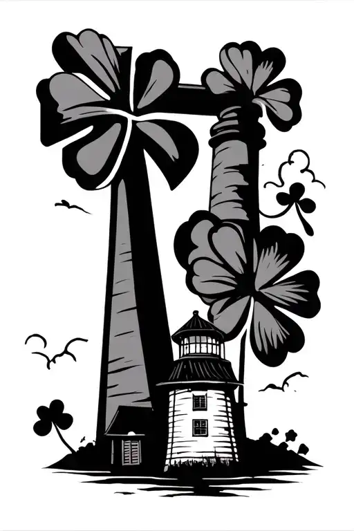 cross, 4 leaf clover, light house, Harley Davidson motorcycle  tattoo design idea