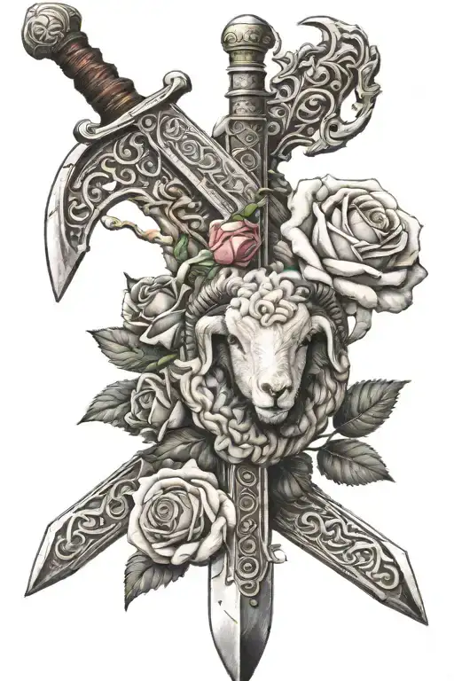 Medieval sword with one rose intertwined and a baby sheep in background  tattoo design idea