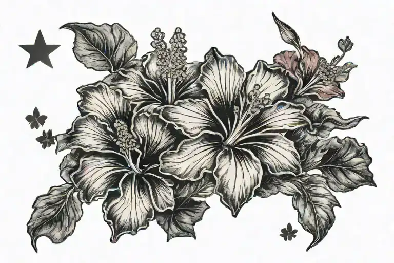 South Korean veteran saluting in front of the national flag with a background of hibiscus flowers tattoo design idea