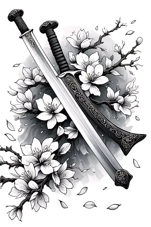Samurai Sword with cherry blossom petals falling tattoo design idea