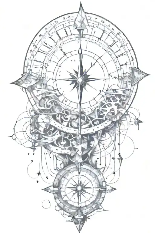 Passage of time with stars and arrows pointing toward different sundials, clocks, and time in an abstract format.  tattoo design idea