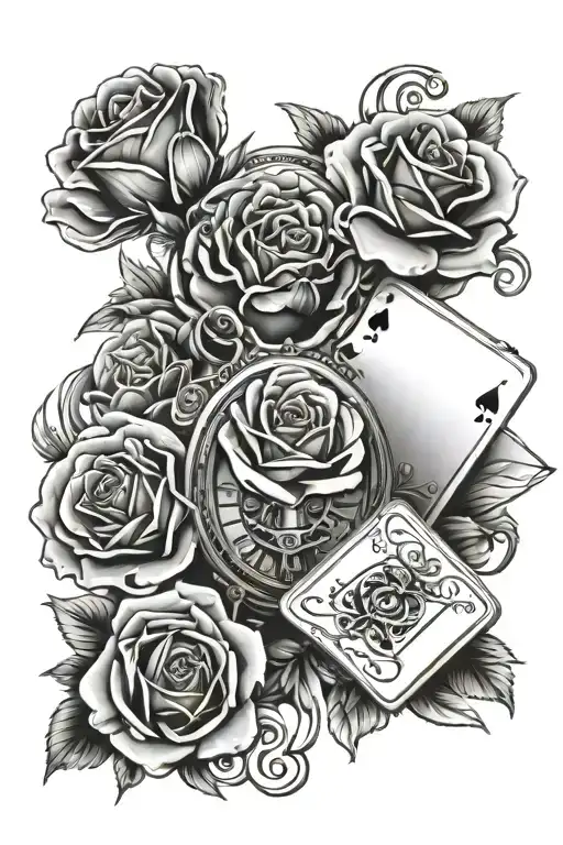 royal flush hand of cards and a carnation and a pocket watch and a rose tattoo design idea
