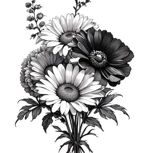 daisy, chrysanthemum, and poppy bouquet tattoo design idea
