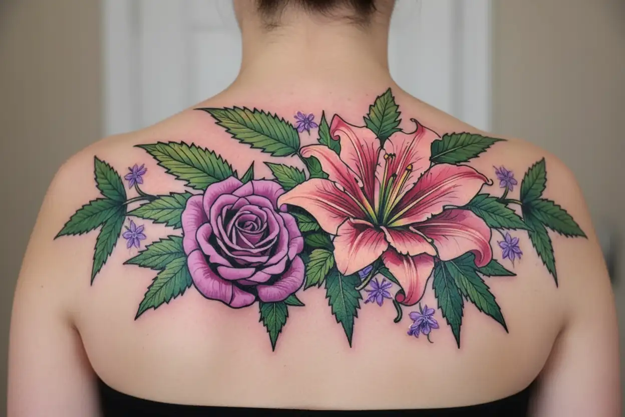 Rose, Cannabis Flower, Lilac, Lily tattoo design idea