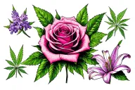 Rose, Cannabis Flower, Lilac, Lily tattoo design idea